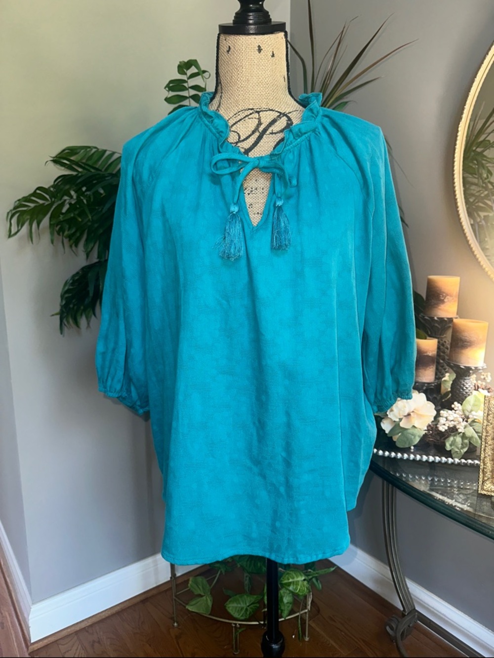 Women's Teal Tassel Tie Boho Blouse